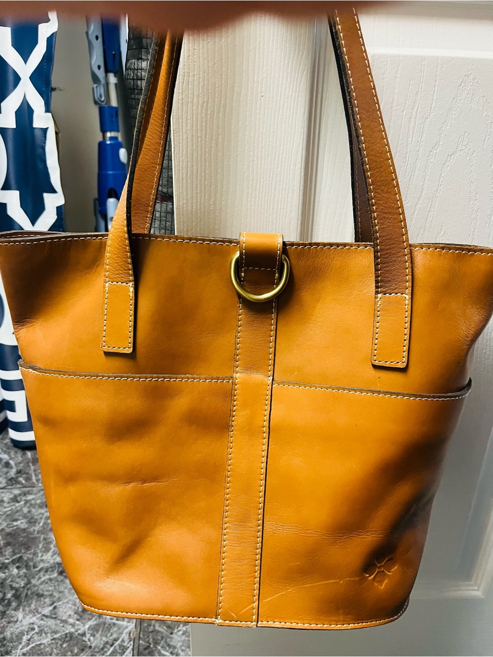 Patricia Nash Cognac Leather Shoulder Tote with Gold Ring
